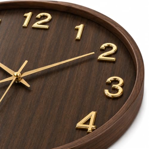 Image of STAR WORK 14 inch Inch Silent Wall Clock - Wood Finish Analog Clock with Gold Numerals, Non-Ticking Quartz Movement, Modern Decorative Wall Clock for Living Room, Bedroom & Office. (Brown 14-inch (35cm)