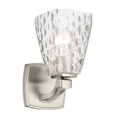 Image of Kichler Marant 5 inch 1-Light Wall Sconce Bathroom Light Fixture with Clear Water Glass in Brushed Nickel for Bathroom, Powder Room, Hallway (5 inch W x 9.5 inch H), 55214NIWTR