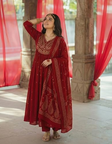 Image of GoSriKi Rust Anarkali Kurta Set for Women with Dupatta | Cotton Kurti Set for Woman | Embroidered Anarkali Suit for Women Kurti Pant Set with Dupatta | Suit Set for Women Latest