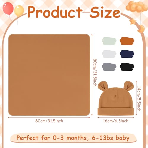 ramede 6 Sets 100% Cotton Baby Swaddle Blankets Swaddling Blankets Wrap with Hats Nursery Receiving Blanket for 0-3 Mouths Unisex Baby Soft Silky & Breathable 31.5X 31.5in(Simple,Multicolor) - Thumbnail 2