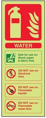 VSafety Glow In The Dark Water Id Fire Extinguisher Sign - 75mm x 200mm - Rigid Plastic