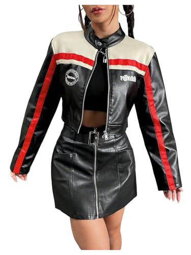 Verdusa Women's Motocycle Jacket Leather Jacket Zip Up Long Sleeve Crop Bomber Jackets