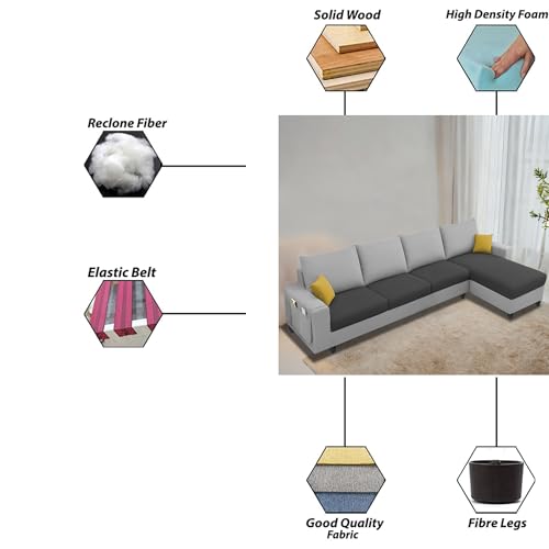 Image of Casaliving Porto RHS 6 Seater L Shape Sofa Set for Living Room (Black Grey Fabric) Premium Velvet Fabric Sofa Set