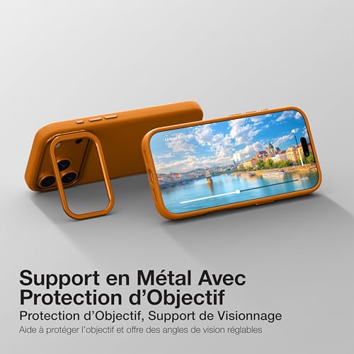 Coque iPhone 17 Pro Max orange avec béquille pour voyage