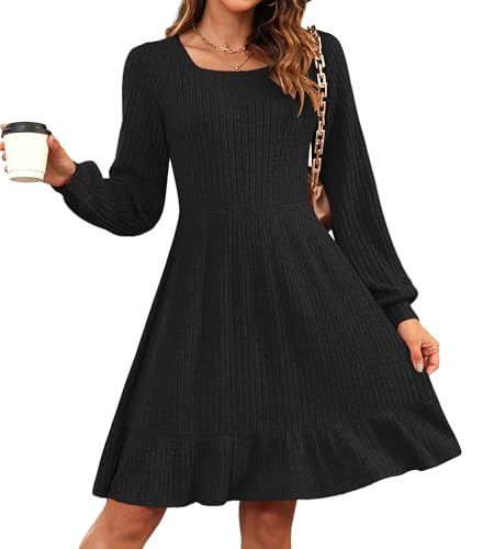 AUSELILY Damen Strickkleid Herbst Pulloverkleid Langarm Kleid Outfit Winterkleider,Schwarz XL
