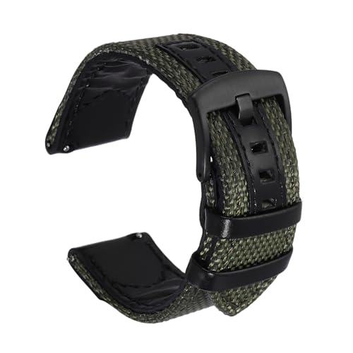 Correa de reloj de nailon de 22 mm militar verde y negro con piel auténtica de liberación rápida