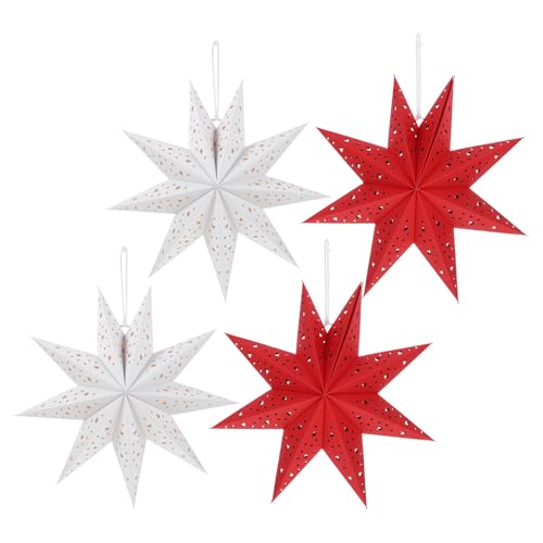 Hoement Faroles de Estrella de Papel Plegables 4 Piezas Rojo y Blanco 35X13 CM Decoración Colgante Navideña para Fiestas Bodas Cumpleaños y Hogar Pantalla de Lámpara de Farol