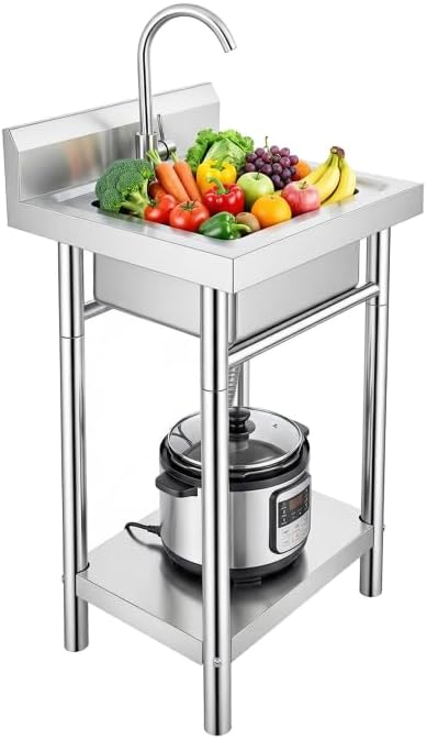 360°Rotation & Removable Strainer Stainless Steel Utility Sink, Commercial Kitchen Single Bowl Sink, Stainless Steel Sink with Bottom Partition Board for Bar, Restaurant