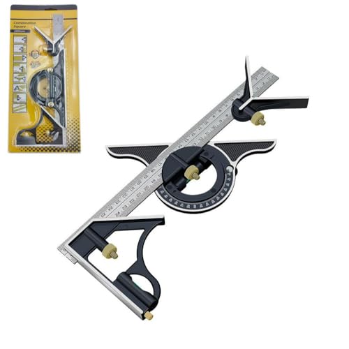 HYSHLC Kombinationswinkel 300mm Set, Zimmermannswinkel Einstellbar Winkelmesser aus Edelstahl Anschlagwinkel Universalwinkel mit Wasserwaage und Anreissnadel für 0-180 Grad
