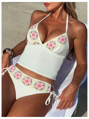 MakeMeChic Women's Tankini Bathing Suits Sets Floral Embroidery Halter Tie Side Summer Beach Swimsuit3