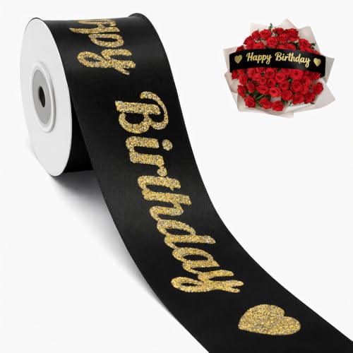 KINGLAKE Black Glitter Happy Birthday Ribbon - 2 x 10 Yards Happy Birthday Satin Ribbon with Gold Print for Flower Banner Bouquet Gift Wrapping DIY Crafts Bows Making Cake Party Decoration