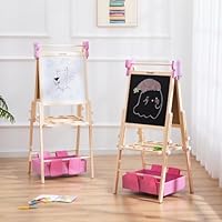 Kids Art Easel with Storage Drawer & Paper Roll – Adjustable Wooden Double Sided Magnetic Easel for Kids Chalkboard Whiteboard Toddler Easel for Boys Girls Ages 3+