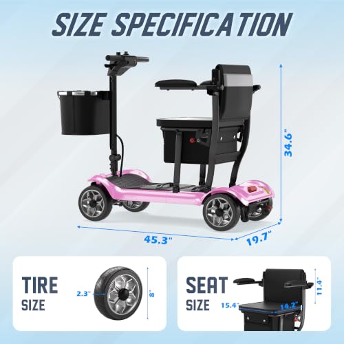 Image of 43lb Lightweight Mobility Scooter for Seniors - Airline & Cruise Approved | Foldable Portable Travel Motorized Scooters for Adults Elderly 4 Wheel with Removable Battery, 24.8MI, 300lb Capacity, Pink