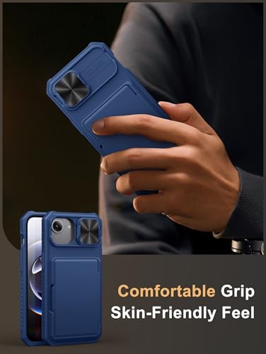 Image of Vihibii for iPhone 17e /16e Back Cover Wallet with Card Holder (4 Cards) [RFID Blocking] & Slide Camera Cover, Military Grade Drop Protection, Rugged Back & Silicone Edge Case for 17e /16e 6.1 inch, Blue