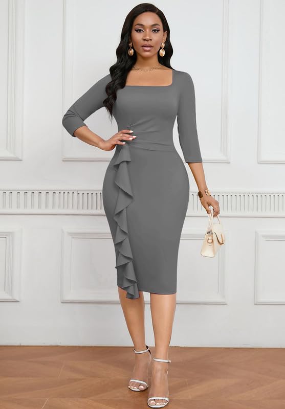 Womens Work Dresses Elegant Square Neck 3/4 Sleeve High Waist Bodycon Ruffle Vintage Church Pencil Midi Dress4