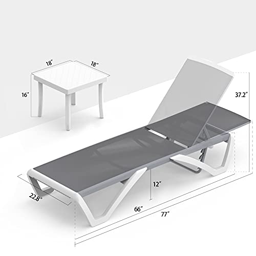 Image of Domi Patio Chaise Lounge Chair Set of 3,Outdoor Aluminum Polypropylene Sunbathing Chair with Adjustable Backrest,Arm,Side Table,for Beach,Yard,Balcony,Poolside(2 Grey Chairs W /Table)