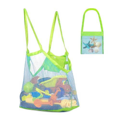 EUYKQNOI Strandspielzeug Tasche mit Netz,2er Set Sandspielzeug Aufbewahrung (Grüne Tasche + Blaues Mesh), Faltbare Netztasche für Strand,Schwimmbad & Sandkasten,Ideal für Familie und Kinder ab 1 Jahr