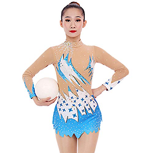 Kmgjc Desgaste de la Competencia Leotardos Gimnasia Rítmica Rhinestone Hecho a Mano Patinaje artístico Vestido de Las Mujeres niñas de Manga Larga Azul Gimnasia rítmica Maillots