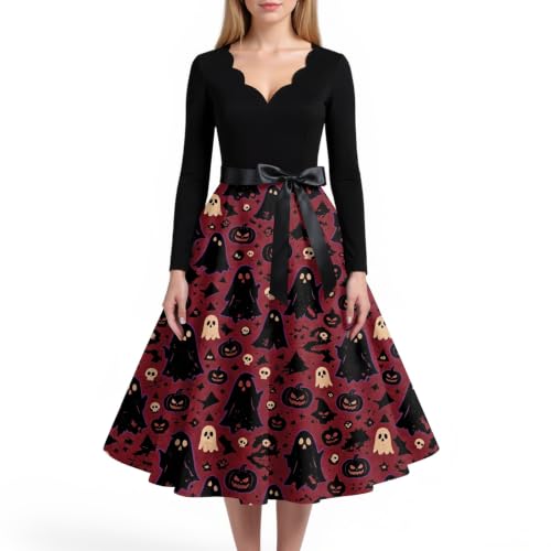 Vestido Midi de Halloween con Manga Larga Falda Evasé y Cuello Festoneado Cómodo