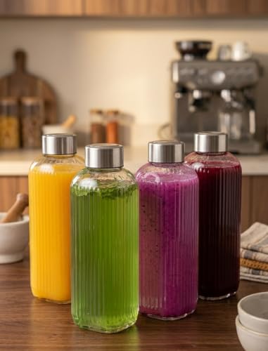 Image of CROCO JAR Wide Mouth Glass Water Bottle, 750 ML Strip Set of 4 | Leak-Proof Airtight Lid, Double Layer Stainless Steel Lid, For Water, Smoothie, Juices