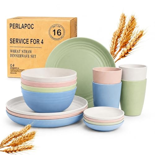 Image of Wheat Straw Dinnerware Sets for 4, 16 Piece Unbreakable Kids Dinnerware Set, Toddler Plates and Bowls Sets, Kitchen Plates and Bowls Set, Lightweight Dish Set for Travel Camper Dishes - Colorful