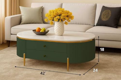 Image of WOODEN SPACE Premium Moderno Marble-Top Coffee Table with Storage Drawer & PVD Coated Iron Legs | Oval Wooden Center Table for Living Room & Entryway (Green)