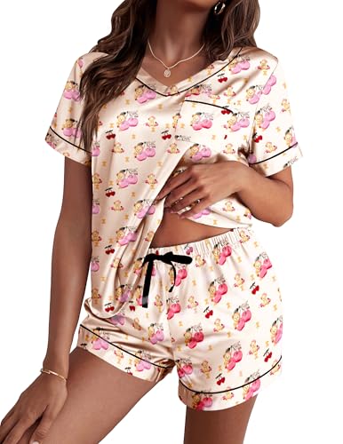 Image of Ekouaer Silk Pajama for Women Short Sleeve Satin Pj Set Two Piece Soft Sleepwear Loungewear S-XXL