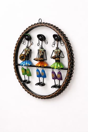 Image of Handcrafted Metal Musician Dolls Wall Hangings | Traditional Tribal Musician Sculpture | Decorative Wall Art for Living Room, Office, Music Room | Home Decor (Round Doll Design)