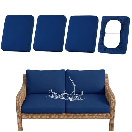 hyha Waterproof Outdoor Cushion Covers for Patio Furniture, Stretch Patio Chair Cushion Slipcovers, Coated UV Resistant Replacement Seat Covers, Solid Color (Navy, 4PC)