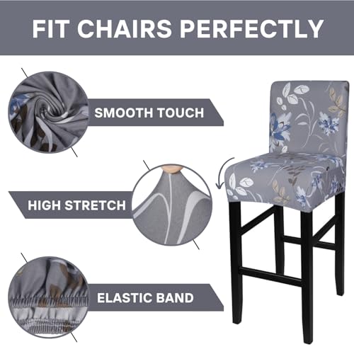 Image of SearchI Bar Stool Covers Set of 4, Stretch Washable Barstool Seat Covers, Counter Height Chair Covers for Kitchen Dining Room Cafe (Grey and Blue Flower)