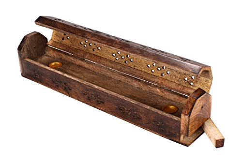 Wooden Coffin Incense Stick Cone Burner Holder Stand With Storage Compartment Ash Catcher Hand Carved, Incense Stick Stand, Stick Holder, Incense Burners - Burnt Color - 12"X2.25"X2.75" #TOP3