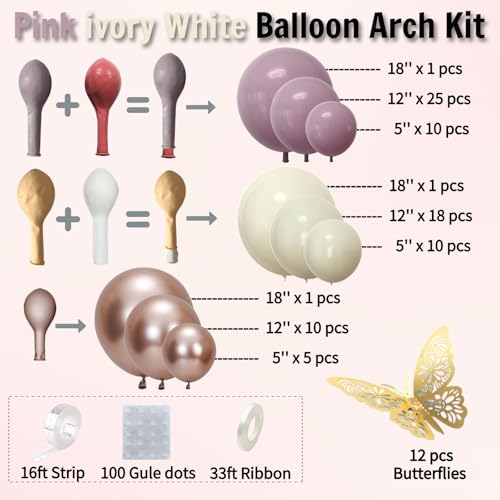 Pink Ivory White and Champagne Gold Balloon Arch Kit – Double Stuffed Dusty Pink, Blush Pink Balloon Garland Kit with Butterflies for Birthday, Baby Shower, Bridal Shower, Wedding, Boho Party Decor