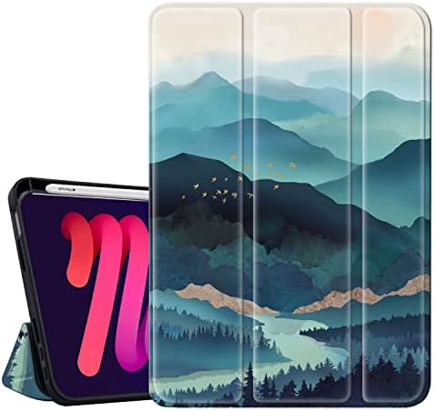 Hi Space iPad Mini 6 Case 2021 8.3 inch with Pencil Holder, Mountain Nature Scenery Watercolor Trifold Stand Protective Shockproof iPad Mini 6th Generation Cover Auto Sleep Wake for A2567 A2568 A2569