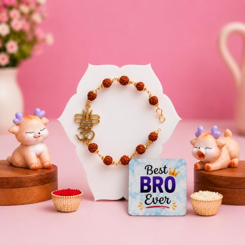 Image of ecraftindia Rudraksha Om Trishul Rakhi Gift Set for Brother | Designer Rudraksha Rakhi with Best Bro Ever Fridge Magnet, Cute Deer Showpieces & Roli Chawal | Raksha Bandhan Gift Combo