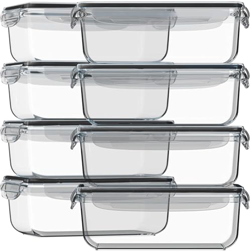 Image of Razab 16 Pc (Set of 8) 30 Oz Glass Meal Prep Containers with Lids, Airtight Large Glass Food Storage Containers, Reusable Leak Proof BPA Free, Freezer to Oven and Dishwasher Safe