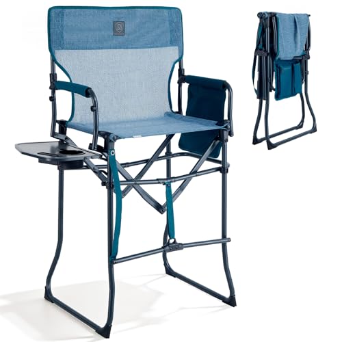EVER ADVANCED Portable 30.7 Seat Height Tall Folding Camping Chair Directors Chair High Foldable Bar Stool with Side Table for Makeup Artist Sports Event Craft Show Stretch Mesh Supports 350LBS
