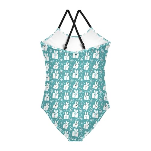 senya Girls Swimsuits One-Piece Swimwear Tie Bathing Suit Beach Summer Round Neck 5-6T Cute Rabbit Pattern2