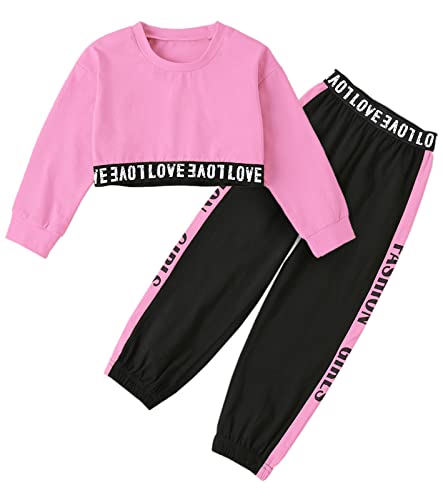 Image of Betusline Girls 2 Piece Outfits Girls Cropped Sweatsuit Pants Outfit Clothes Set, 4T-14 Years