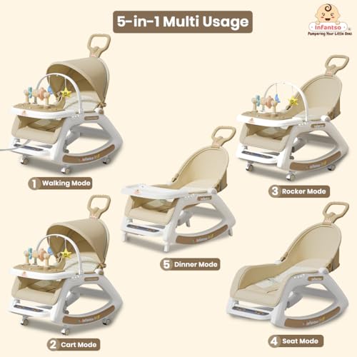 Image of Infantso Prime (5-in-1) Baby Rocker for 0 to 2 Years with Mosquito Net | Portable Rocker for Newborn | Convertible Walker, Feeding Chair, Push Cart & Seat with Music, Light, Tray & Canopy - Beige