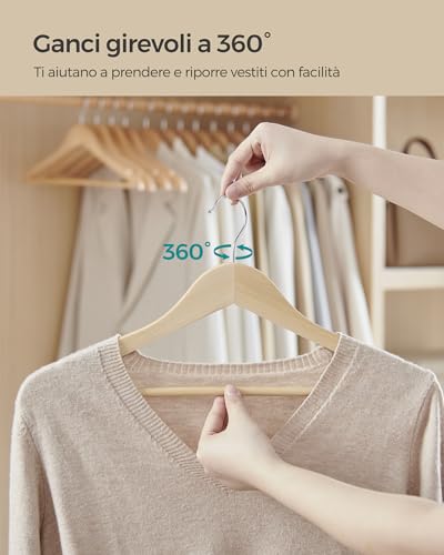 SONGMICS Grucce in Legno, 24 Pezzi, Grucce Appendiabiti, con Scanalature sulle Spalle, Barra per Pantaloni, Gancio Girevole a 360°, per Giacche Camicie Cappotti, Beige Naturale CRW010N24 - Immagine 4