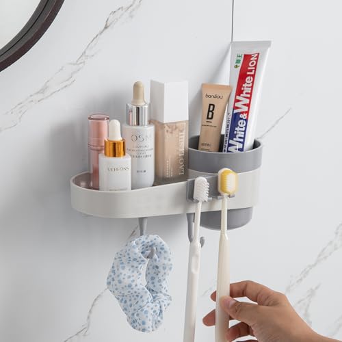 Image of HOKIPO Wall-Mounted Bathroom Shelf Organizer with Cup Holder & Hooks | No-Drill Self-Adhesive Plastic Rack | Toothbrush Holder | Bathroom Storage Shelf for Wall | Accessories Set (AR-6092)