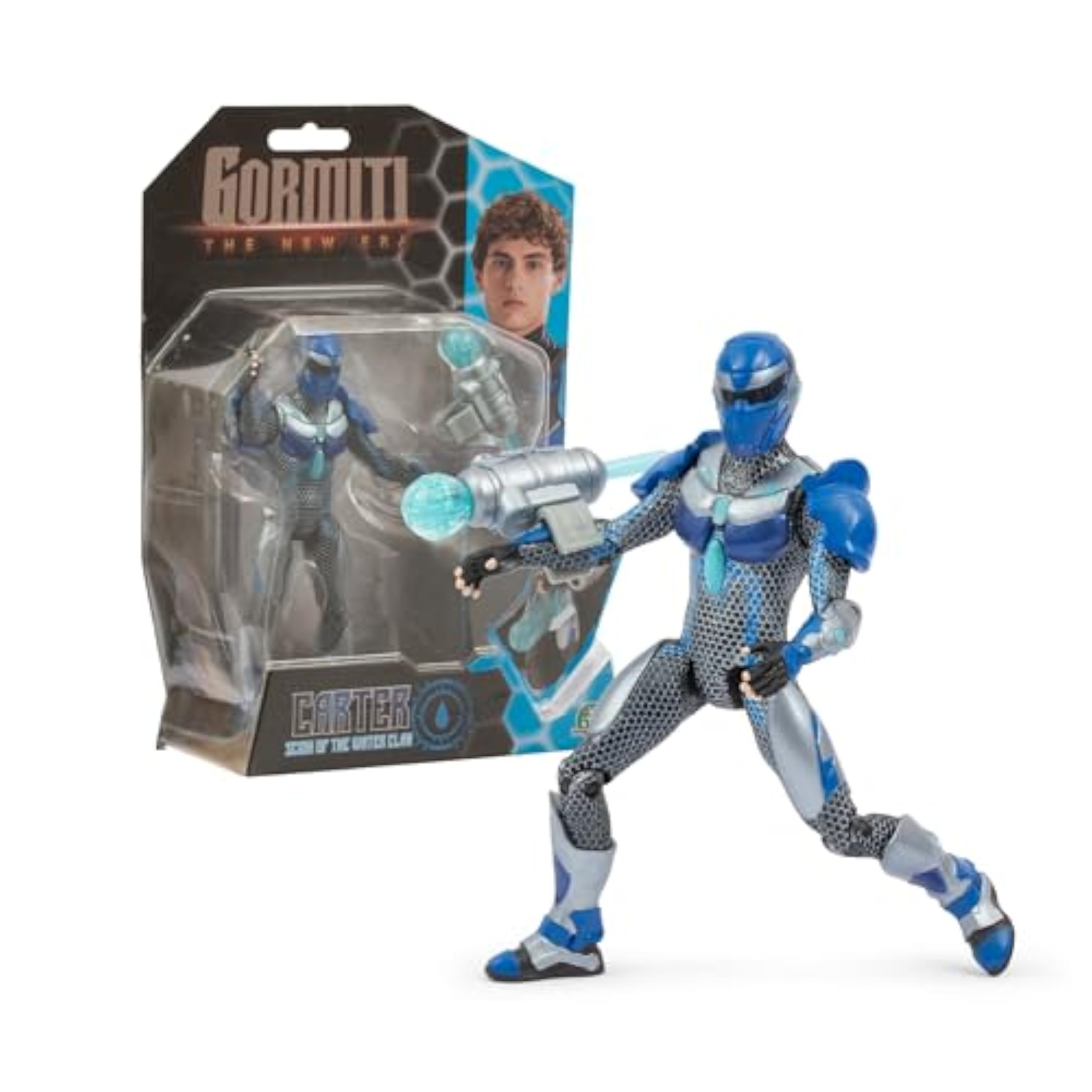 Gormiti - Figura de 15 cm de Scion Carter con Ataque, Gormiti de la Nueva Era, Accesorio con Función de Disparo, Texturas Metálicas y Acabados Plateados, 9 Puntos de Articulación, Famosa (GRV21200)