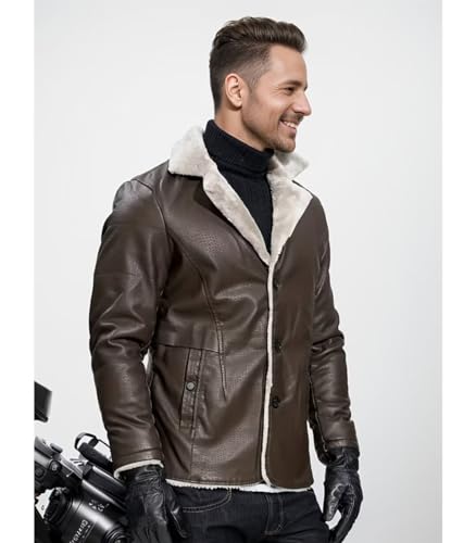 INVACHI Leather Jacket Men Faux Leather Fur Collar Mid-Length Jacket Padded Lining Winter Warm Lapel Trench Coat3