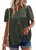 Falechay Dressy Tops Round Neck Flowy Dressy Tunic Tops Babydoll Cute Shirts for Women Loose Pom Pom Short Sleeve Green Blouses Plus Size Clothes XL