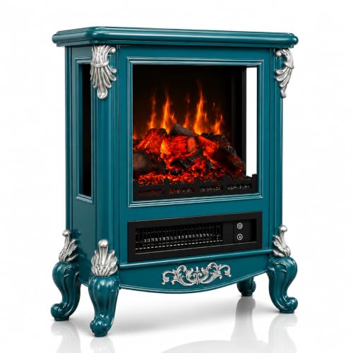 Image of FESTIVITY 18 inch Electric Stove Fireplace, 1500W Thermostat with 5100 BTU Heat Output, Adjustable Flame & Brightness Levels, Portable Electric Fireplace for Bedroom & Living Room-Teal & Silver
