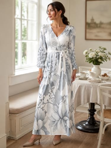 Image of PinkPatty Plus Size Dresses for Curvy Women V Neck Flowy Long Sleeves Wrap Maxi Dress Travel Vacation Outfits