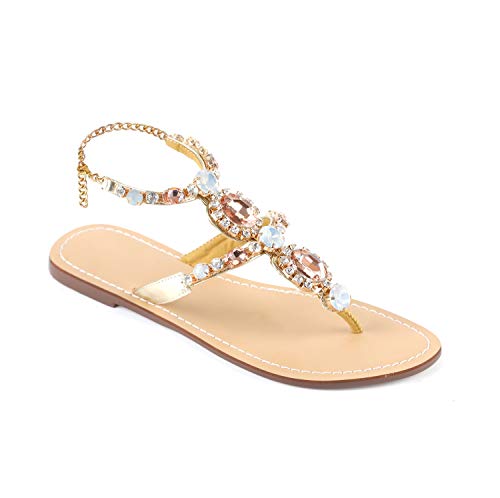 Image of ZhuLinFeng Women'S Rhinestone Gladiator Sandals Flat Wedding Sandals Gem Pearl Sparkling Bridal Bridesmaid Sandals Blue Bohemian Sandals