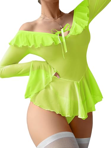 Image of Foxiny Sheer Ruffle Long Sleeve Babydoll Lingerie Dress | Off-shoulder neckline, flared cuffs and a flounce hem add movement; thong and thigh-high stockings complete the 3-piece set