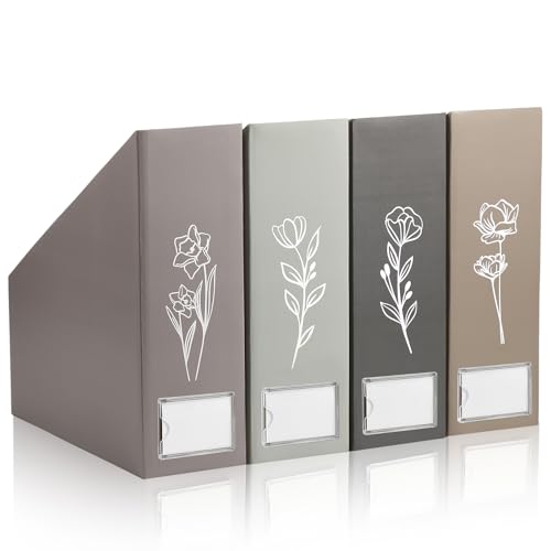 AmazingSpark Set of 4 Boho Floral Magazine File Holder Decorative Foldable Magazine Storage Boxes with Acrylic Label Holders Coquettish Boho Organizer for Office Home Organization Storage