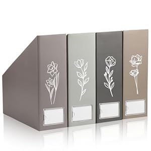 Set of 4 Boho Floral Magazine File Holder Decorative Foldable Magazine Storage Boxes with Acrylic Label Holders Coquettish Boho Organizer for Office Home Organization Storage
